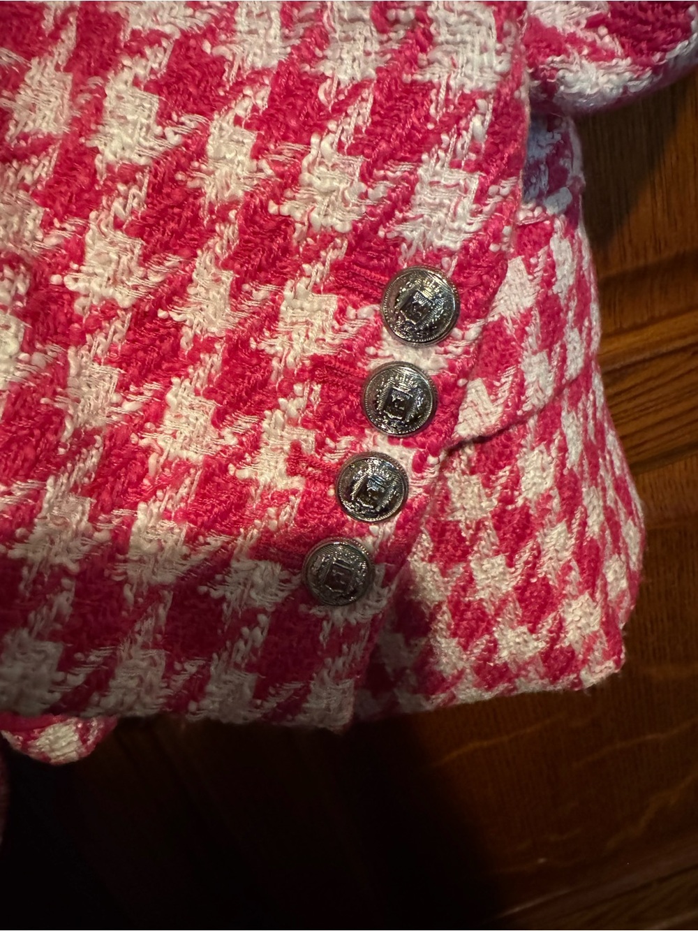Karl Lagerfeld Paris Pink White Houndstooth Tweed Double Breasted Blazer Size 6 - Picture 6 of 9